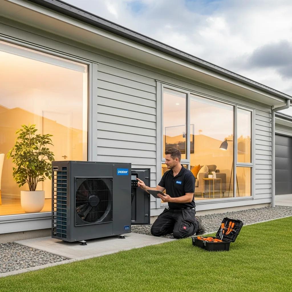 Modern heat pump system in a residential setting with a technician inspecting it